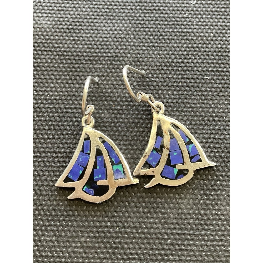 Vintage Mexico 925 sterling silver sailboat dangle earrings Blue-green Gemstone